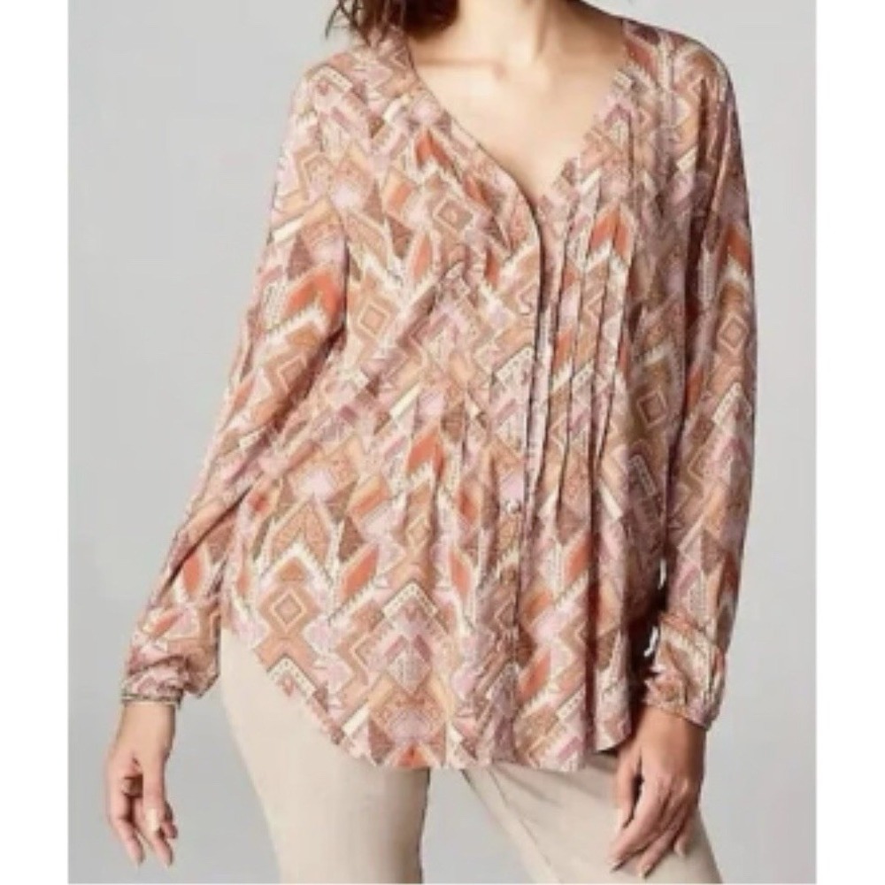 NWT J. Jill L Pink Geometric Aztec Boho Pintuck Pleat Rayon Blouse Tunic Shirt